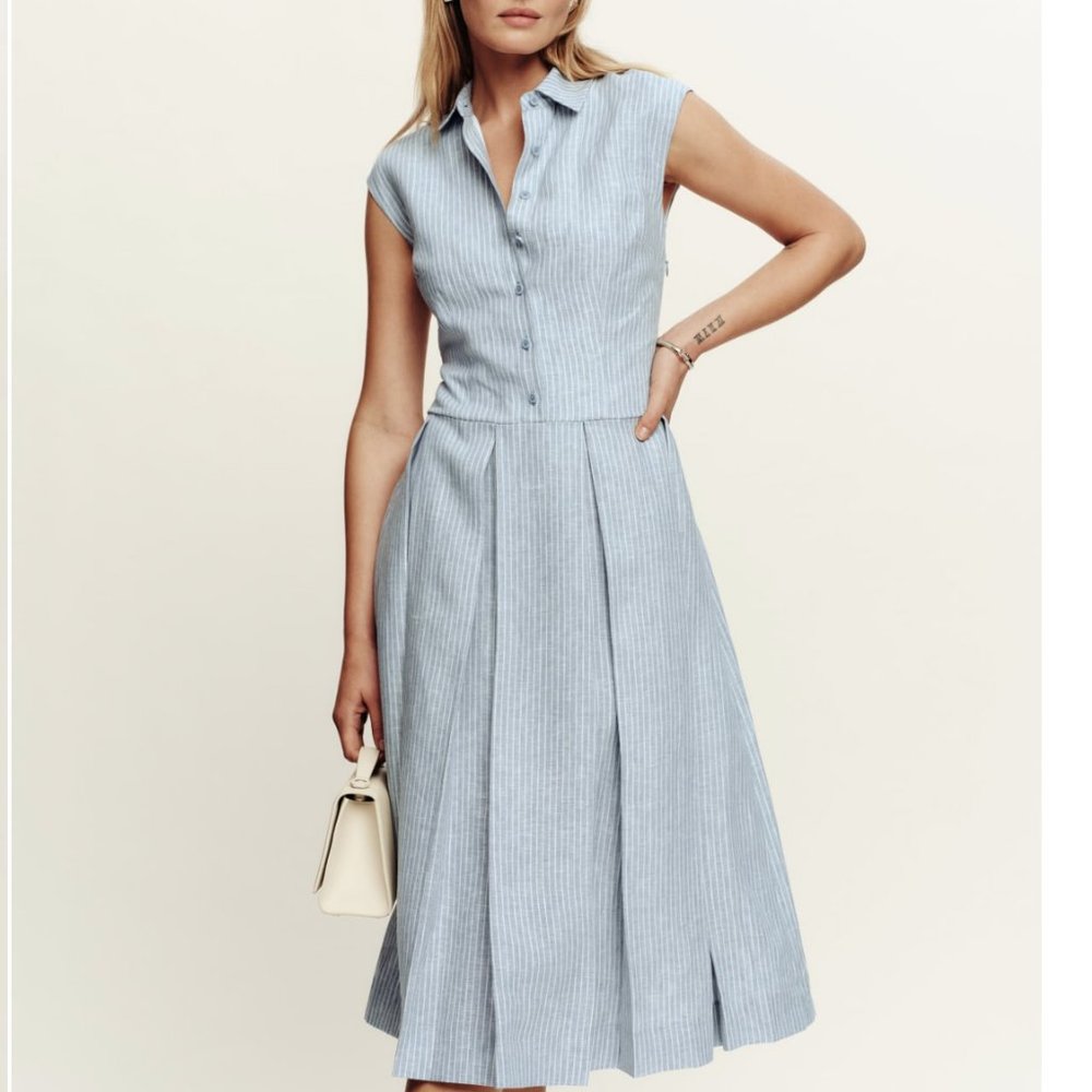 Reformation Prim Linen Dress Sz4 Blue/White Stripes - Picture 2 of 6